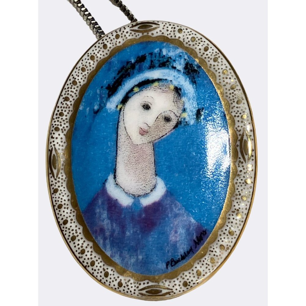 P Buckley Moss Anna Perenna Blue Madonna Oval Pendant Brooch Pin Necklace